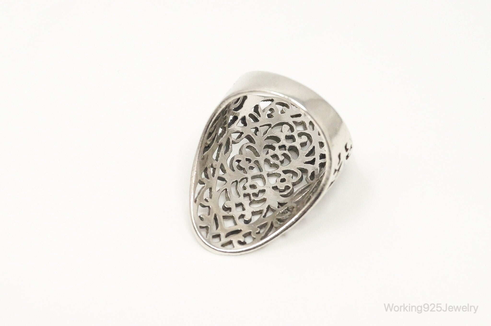 Vintage Long Scroll Swirls Filigree Sterling Silver Ring - Size 9.25