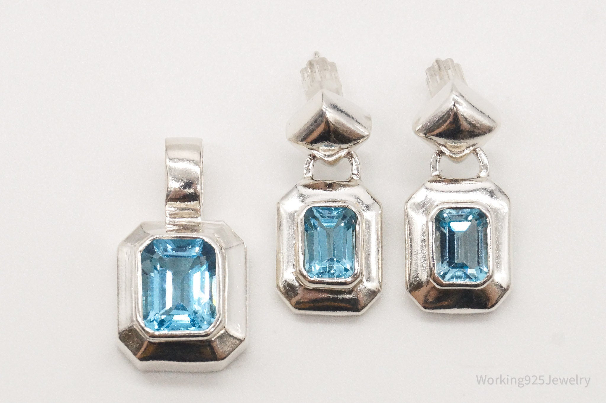 Vintage Blue Topaz Sterling Silver Pendant Earring Set