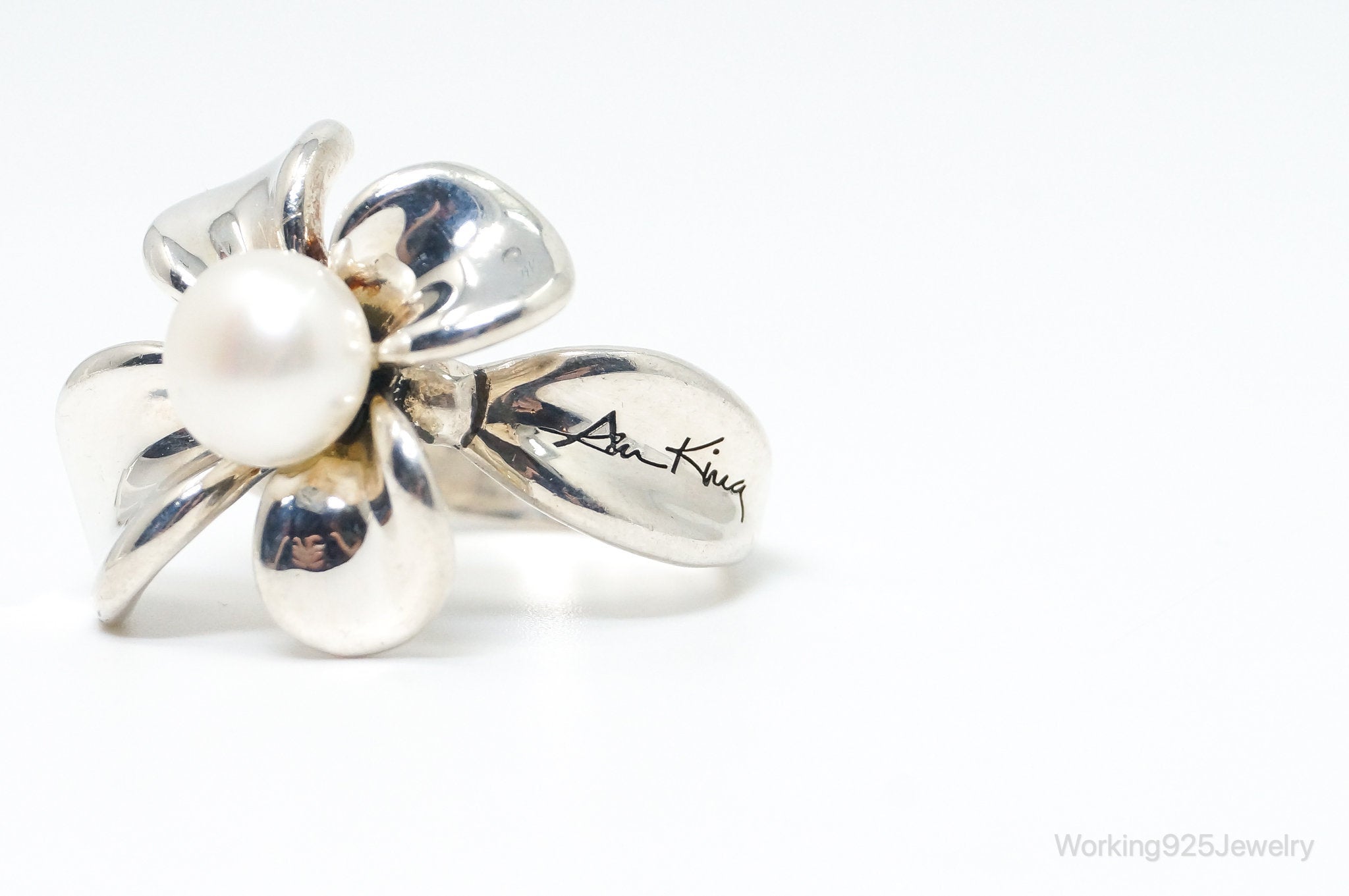 Vintage Designer Ann King Flower Pearl Sterling Silver Ring Size 6