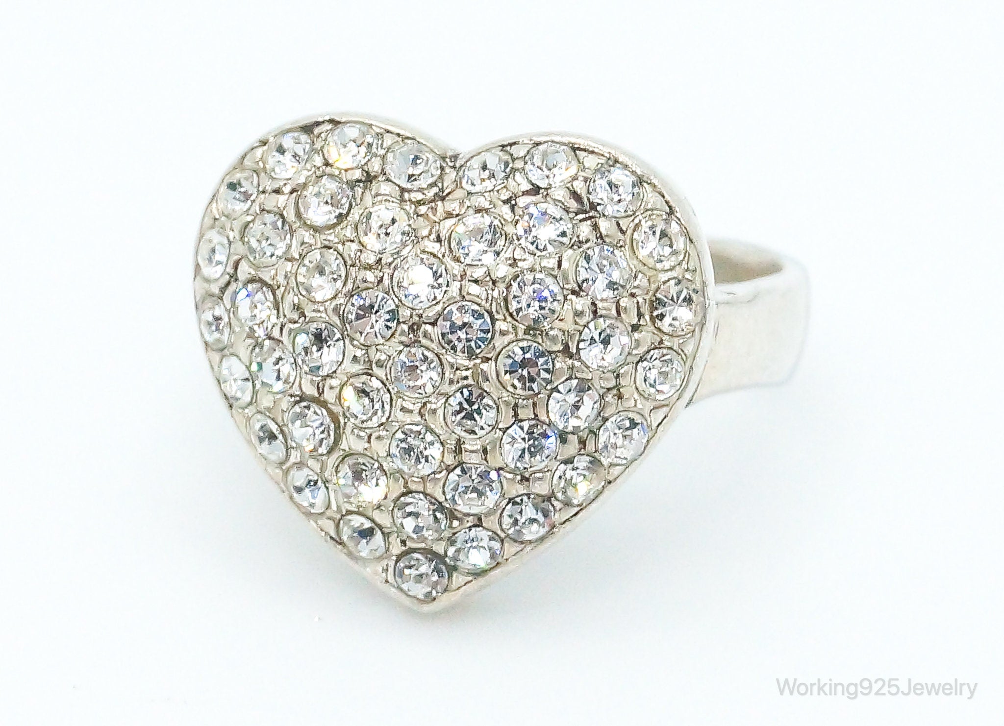 Vintage Cubic Zirconia Heart Silver Ring - Size 4.75