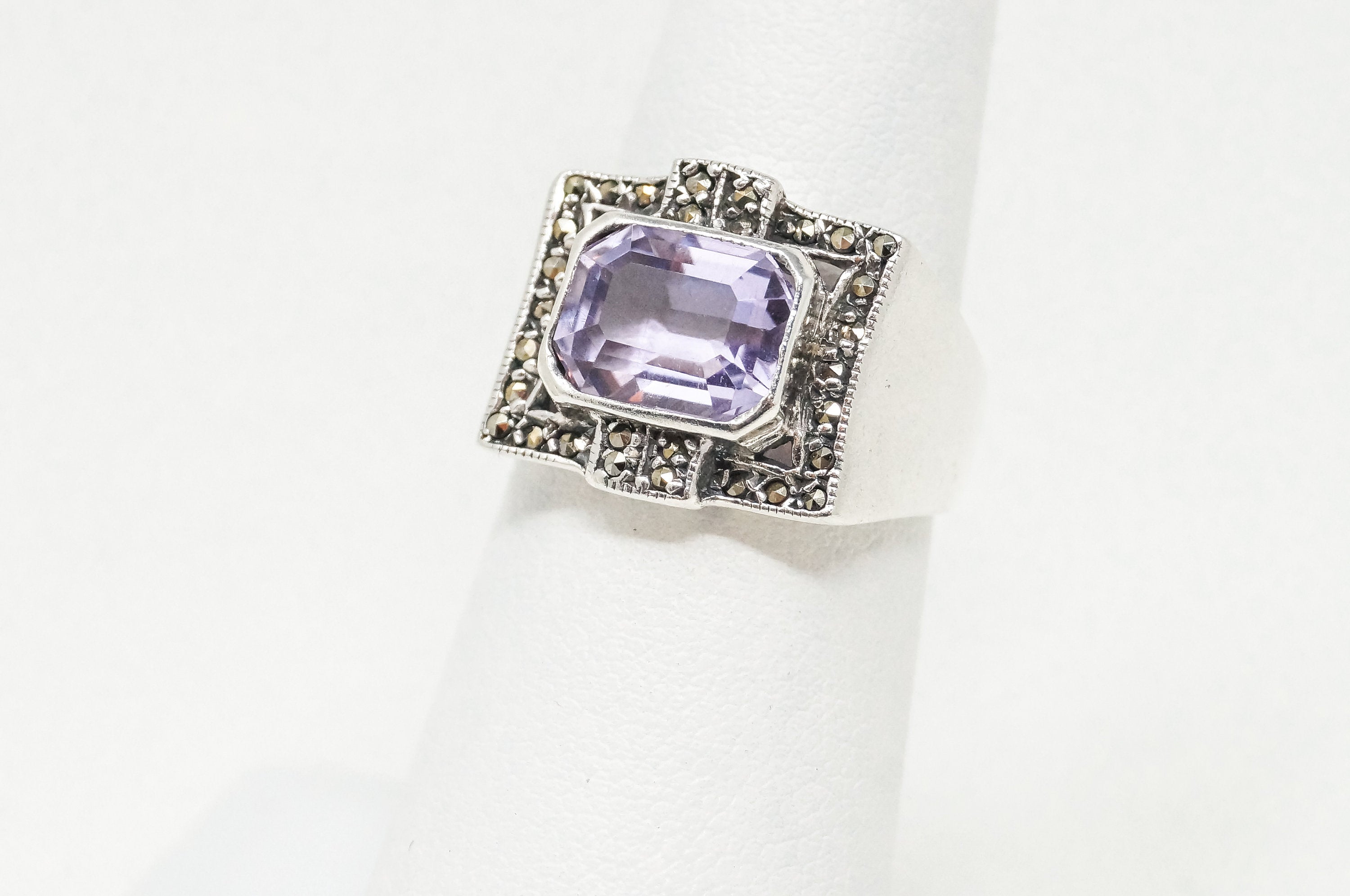 Vintage Art Deco Amethyst Marcasite Sterling Silver Ring - Sz 6 - 798977057