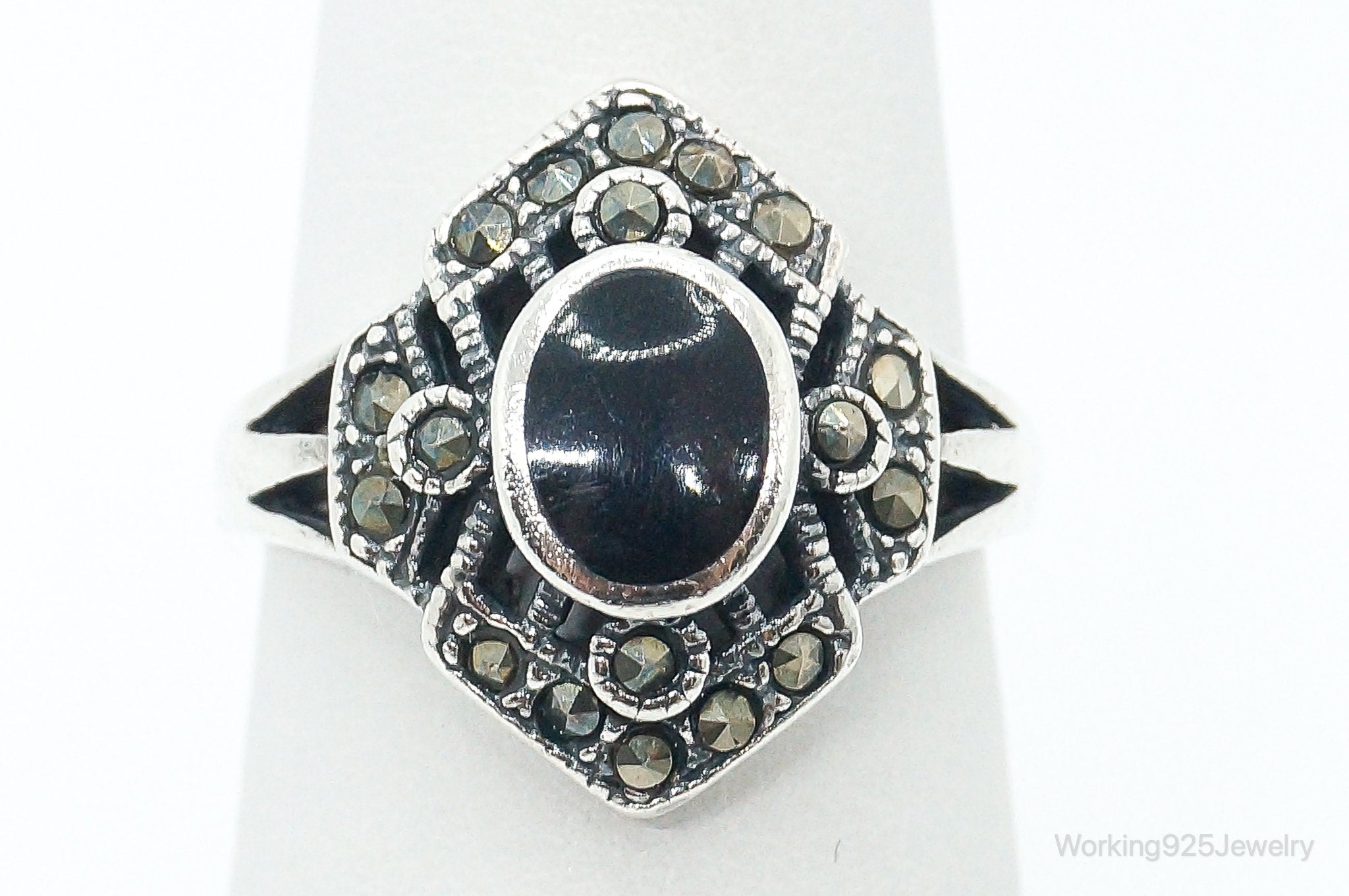 Vintage Art Deco Marcasite Black Onyx Sterling Silver Ring - SZ 5.25