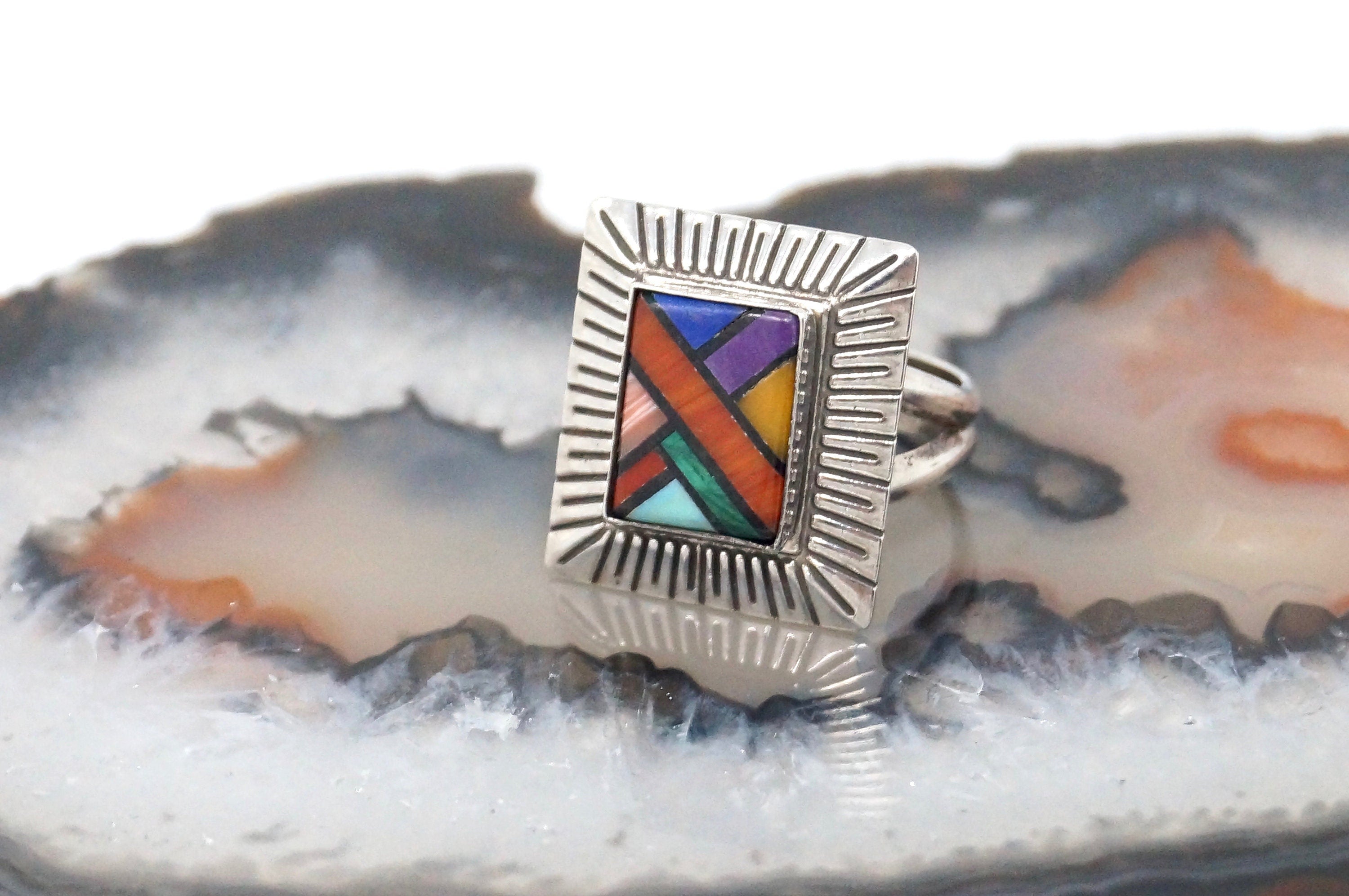 Vintage Designer QT Multi Gem Sterling Southwestern Ring - Size 6