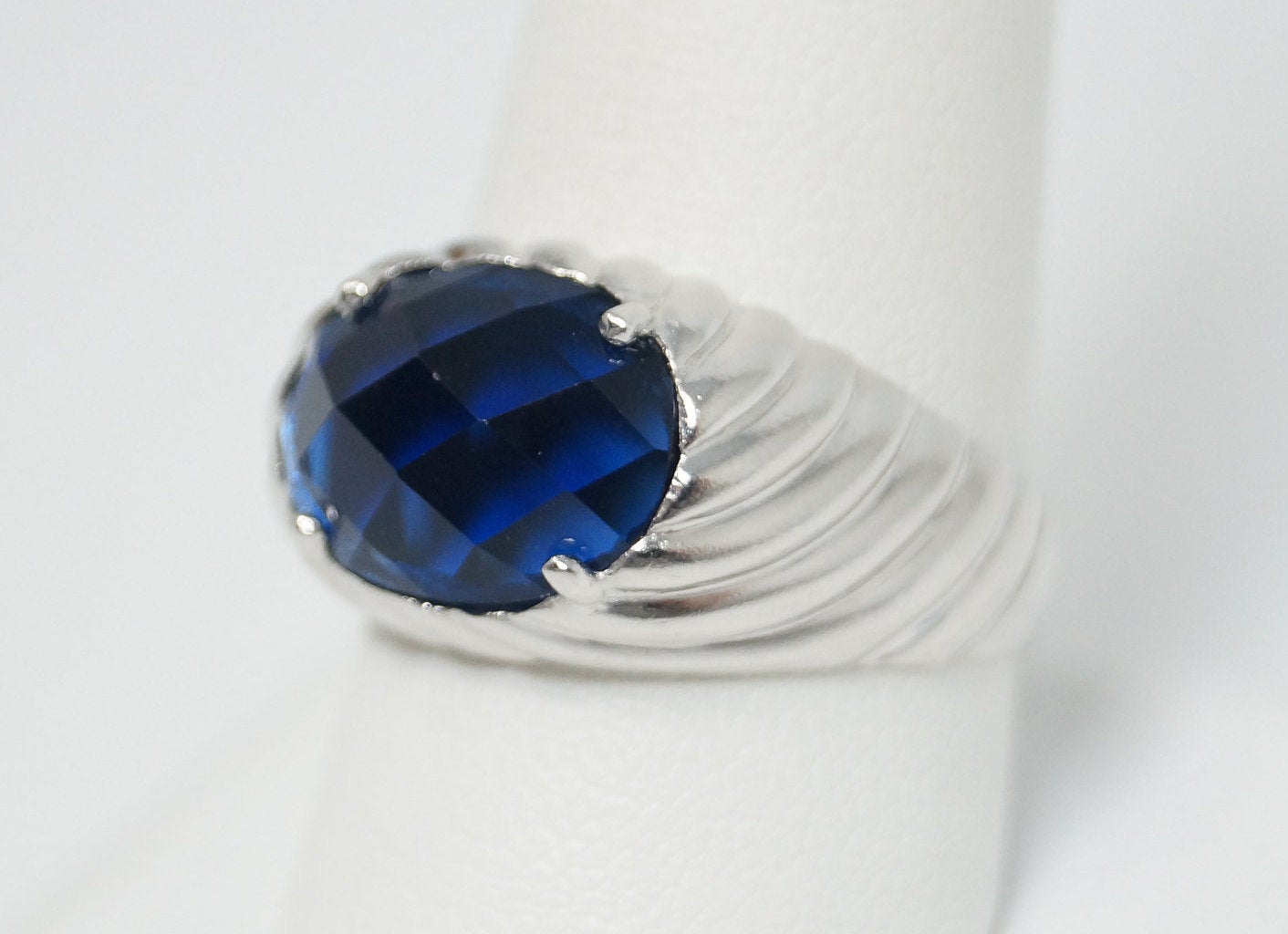 Vintage Art Deco Blue Sapphire Sterling Silver Ring - Sz 9.75