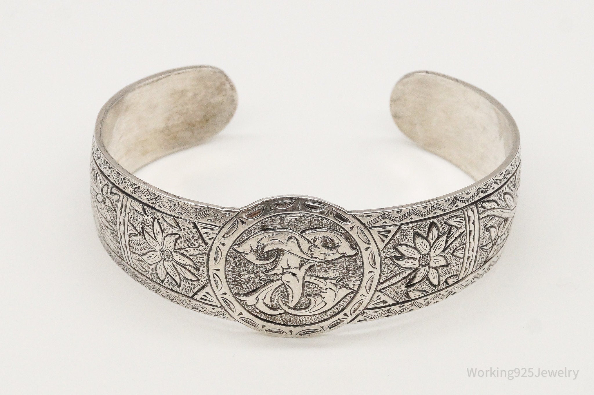 Antique Floral Motif Etched Sterling Silver Cuff Bracelet