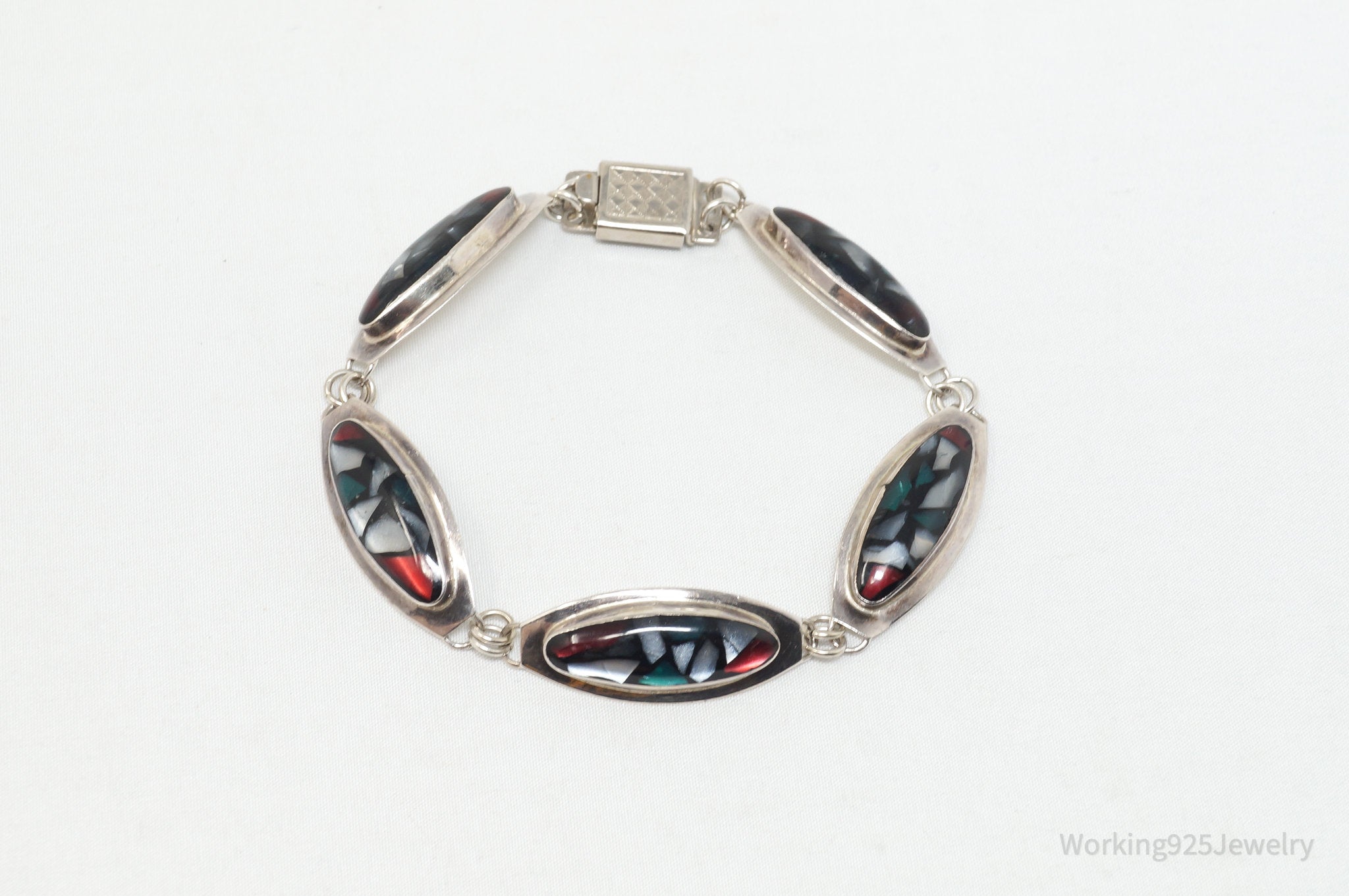 Vintage Israel Handmade Multi Gem Sterling Silver Southwestern Bracelet