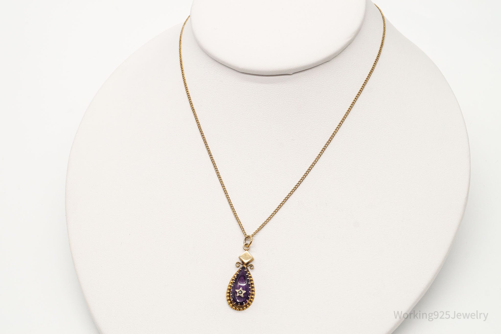 Vintage Amethyst Glass Seed Pearl Antique Style Gold Vermeil Necklace