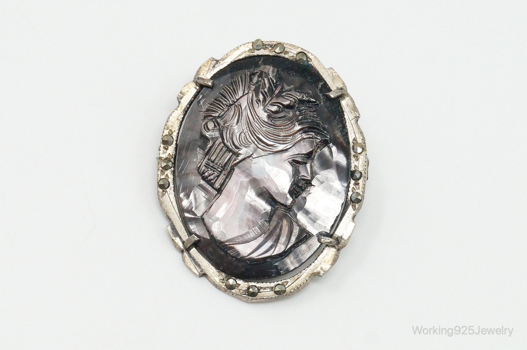 Antique Carved Abalone Shell Marcasite Woman Cameo 800 Silver Pendant Pin