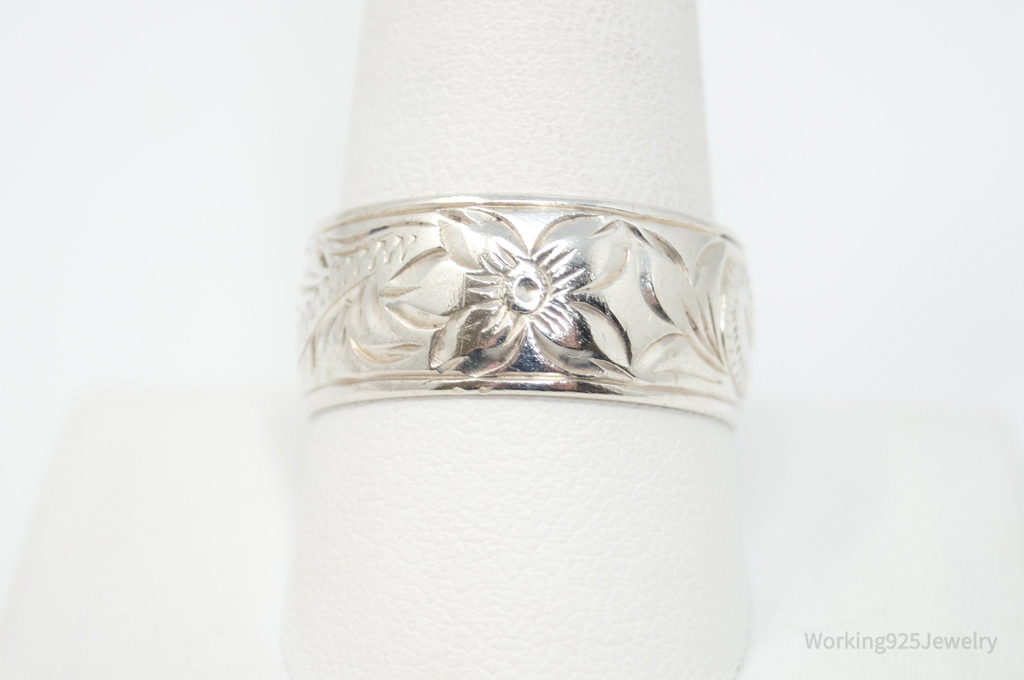 Vintage Designer Art Nouveau Floral Etched Sterling Silver Band Ring - Sz 10.75