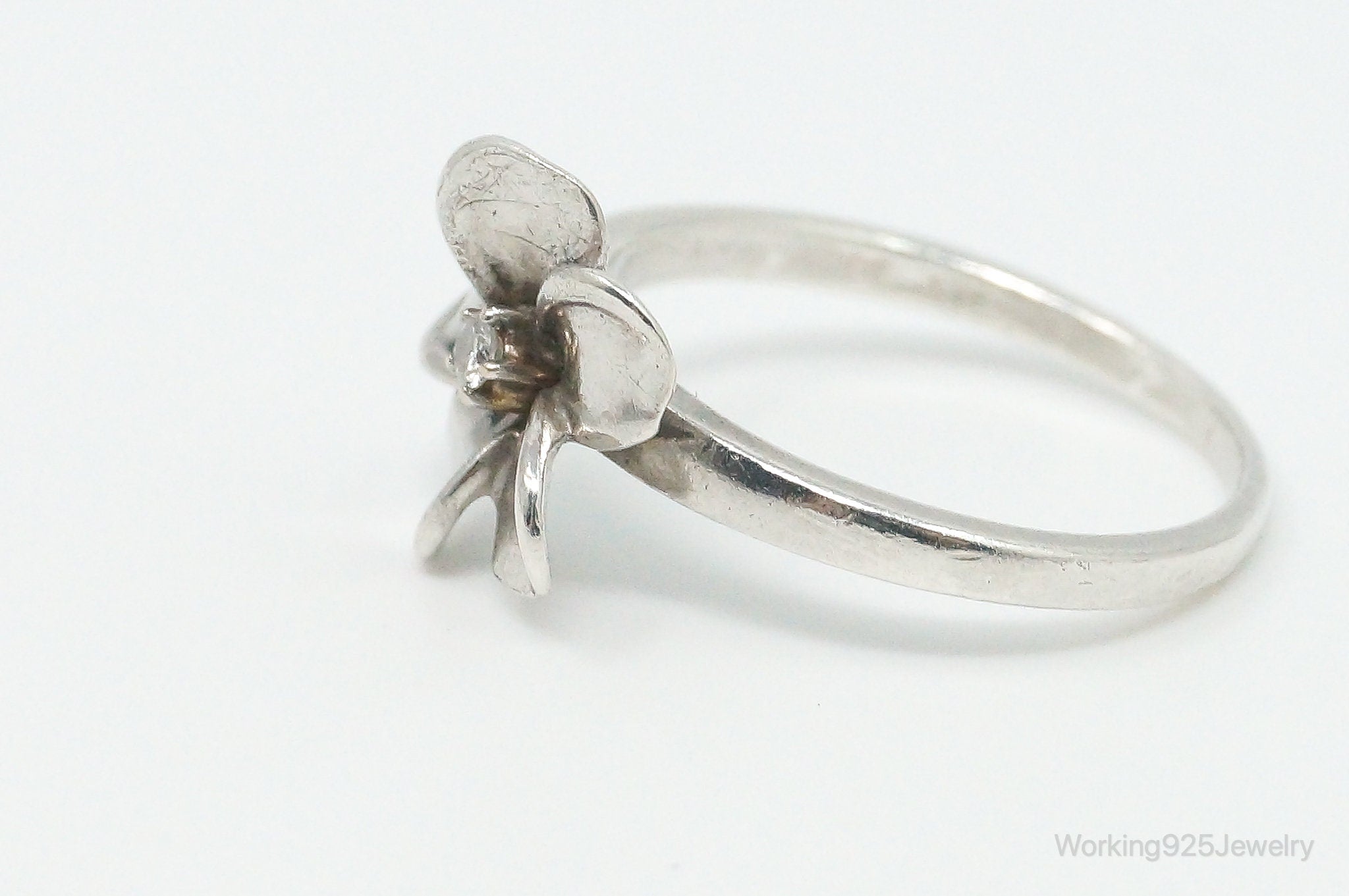 Vintage Cubic Zirconia Sterling Silver Flower Ring - Size 6