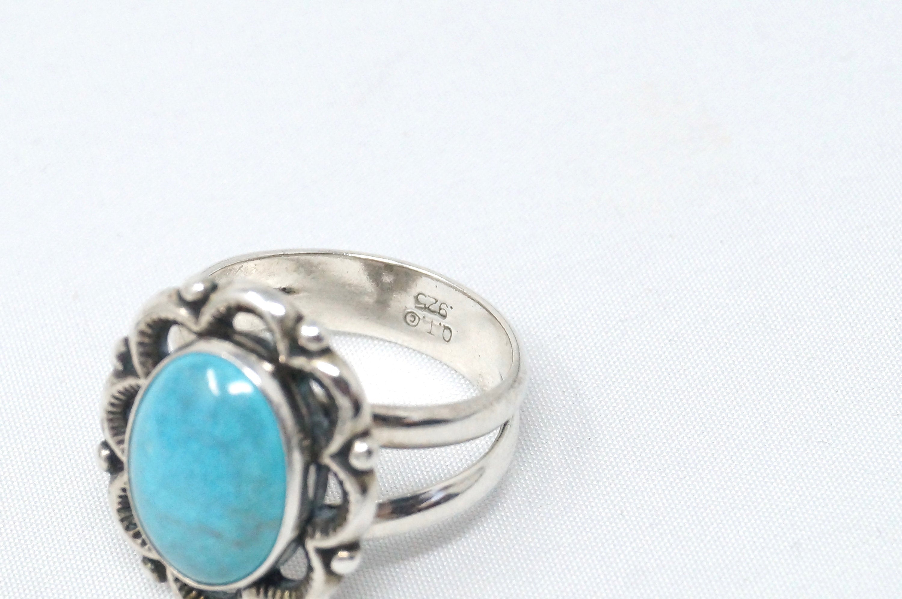 Vintage Designer QT Blue Turquoise Southwestern Sterling Silver Ring - Size 7