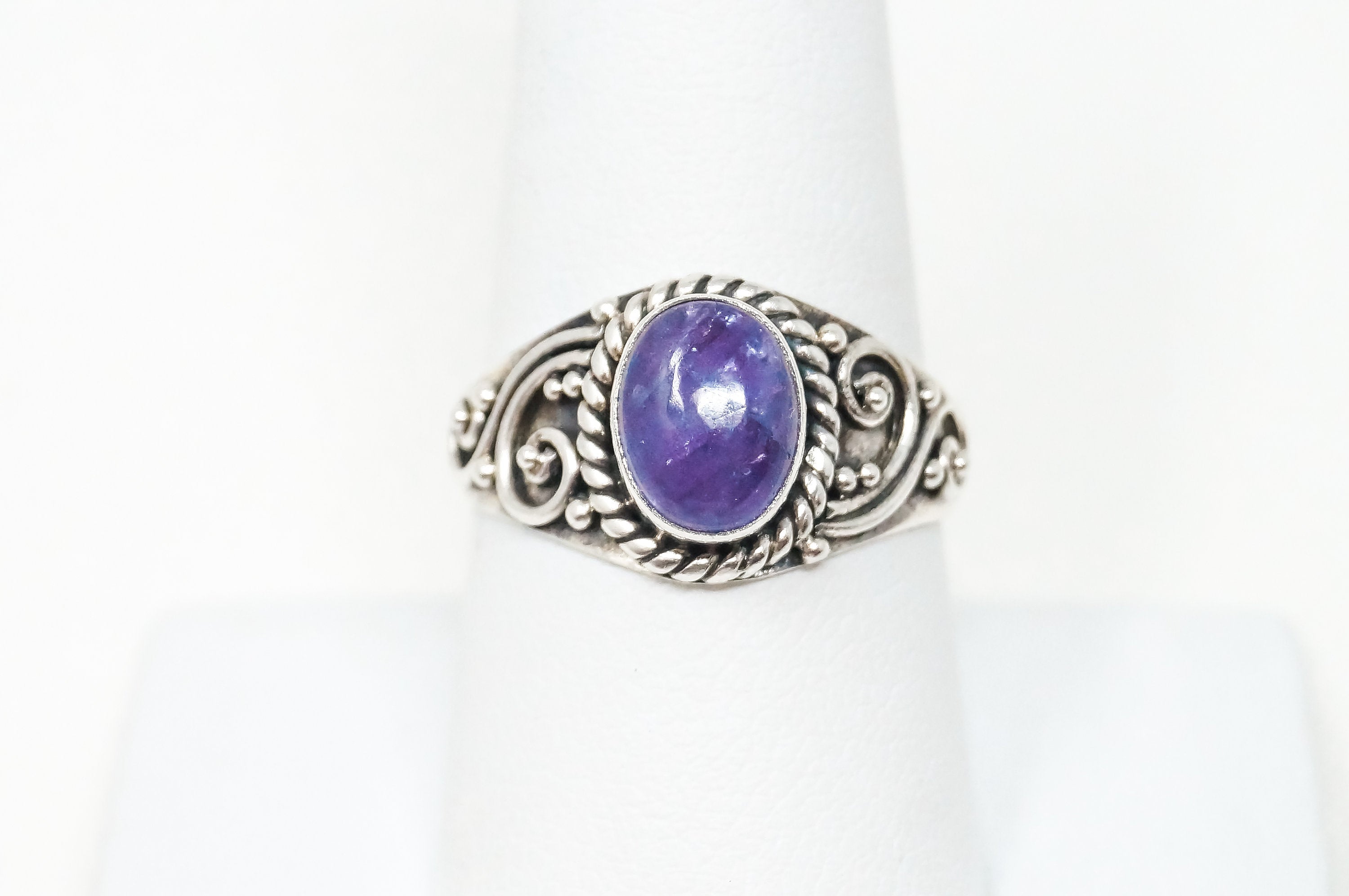 Vintage Amethyst Scroll Sterling Silver Ring - Sz 9 - 798926713