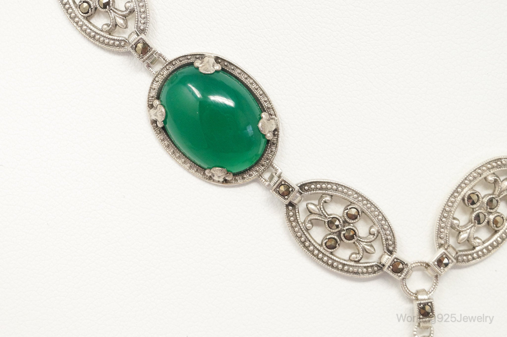 Antique Green Chrysoprase Marcasite Sterling Silver Necklace