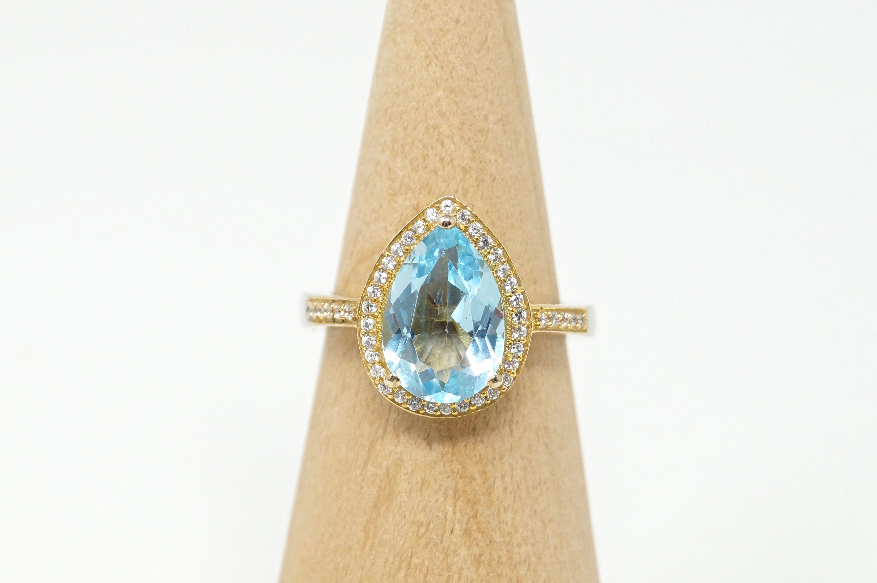 Vintage De Buman 18k Gold Genuine Sky Blue Topaz CZ Sterling Silver Ring Sz 6.75