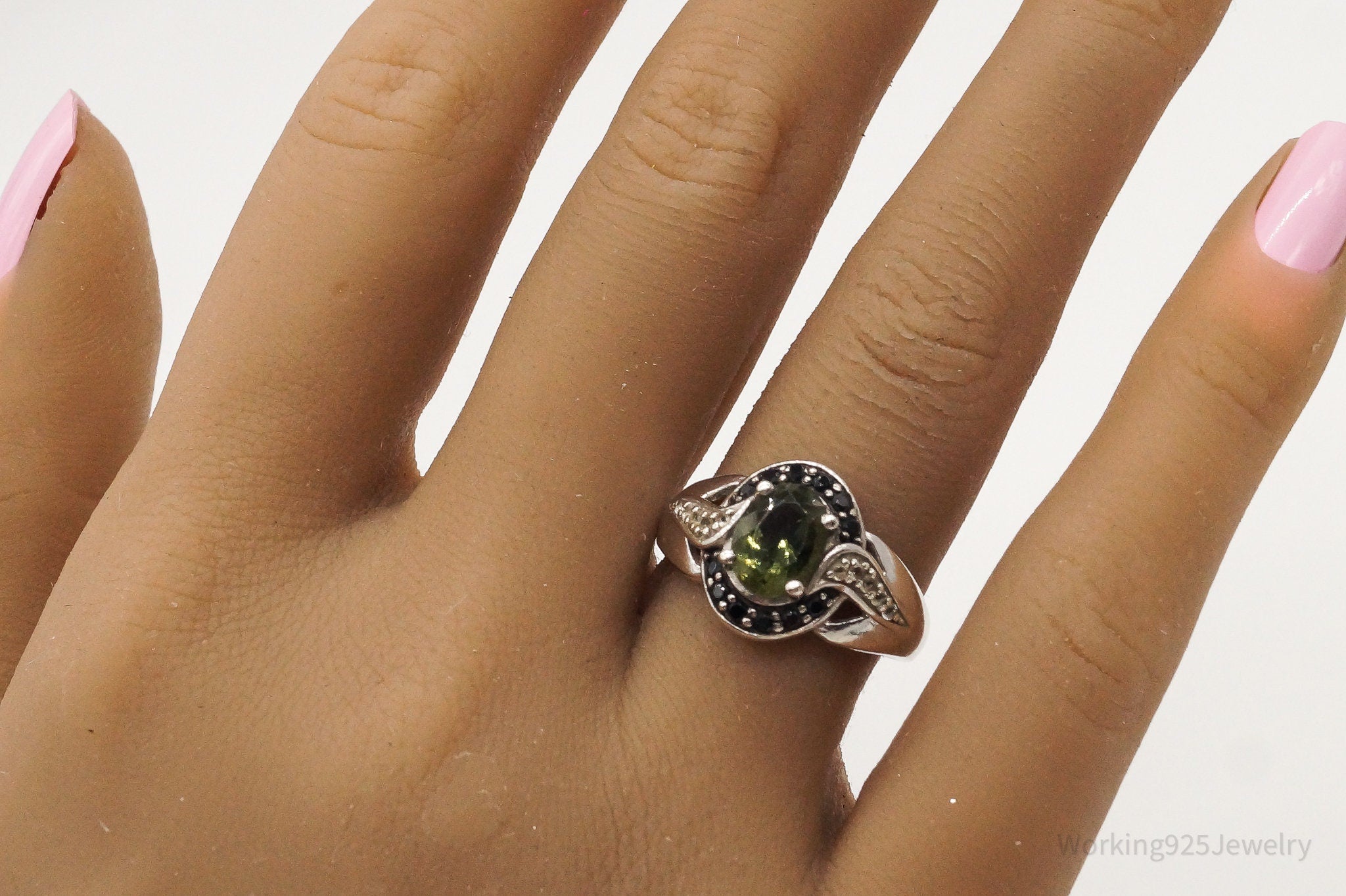 Vintage Designer LB Peridot Black Spinel CZ Sterling Silver Ring - Size 7