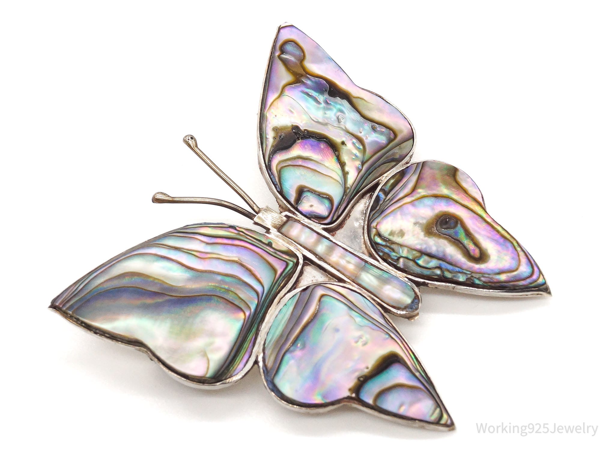 Large Vintage Paua Abalone Shell Butterfly Sterling Silver Mexico Brooch Pin