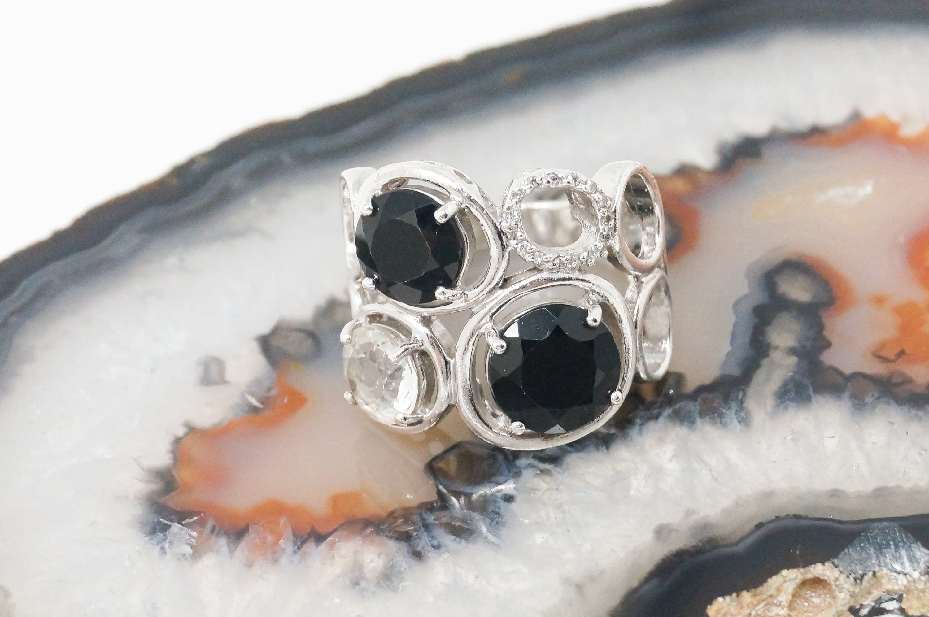 Vintage Art Deco Mid Century Style Black Onyx Cz Sterling Silver Ring - Size 6.5