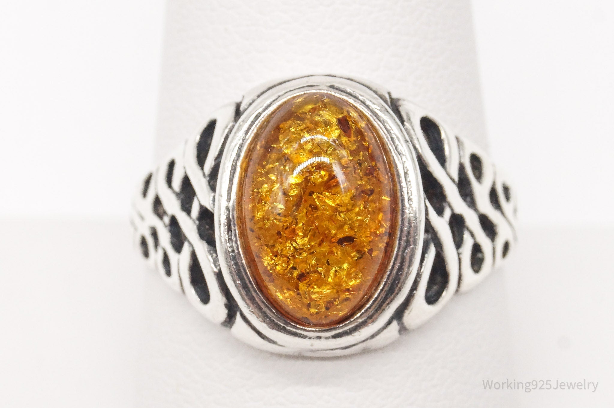 Vintage Amber Sterling Silver Ring - Size 9.5