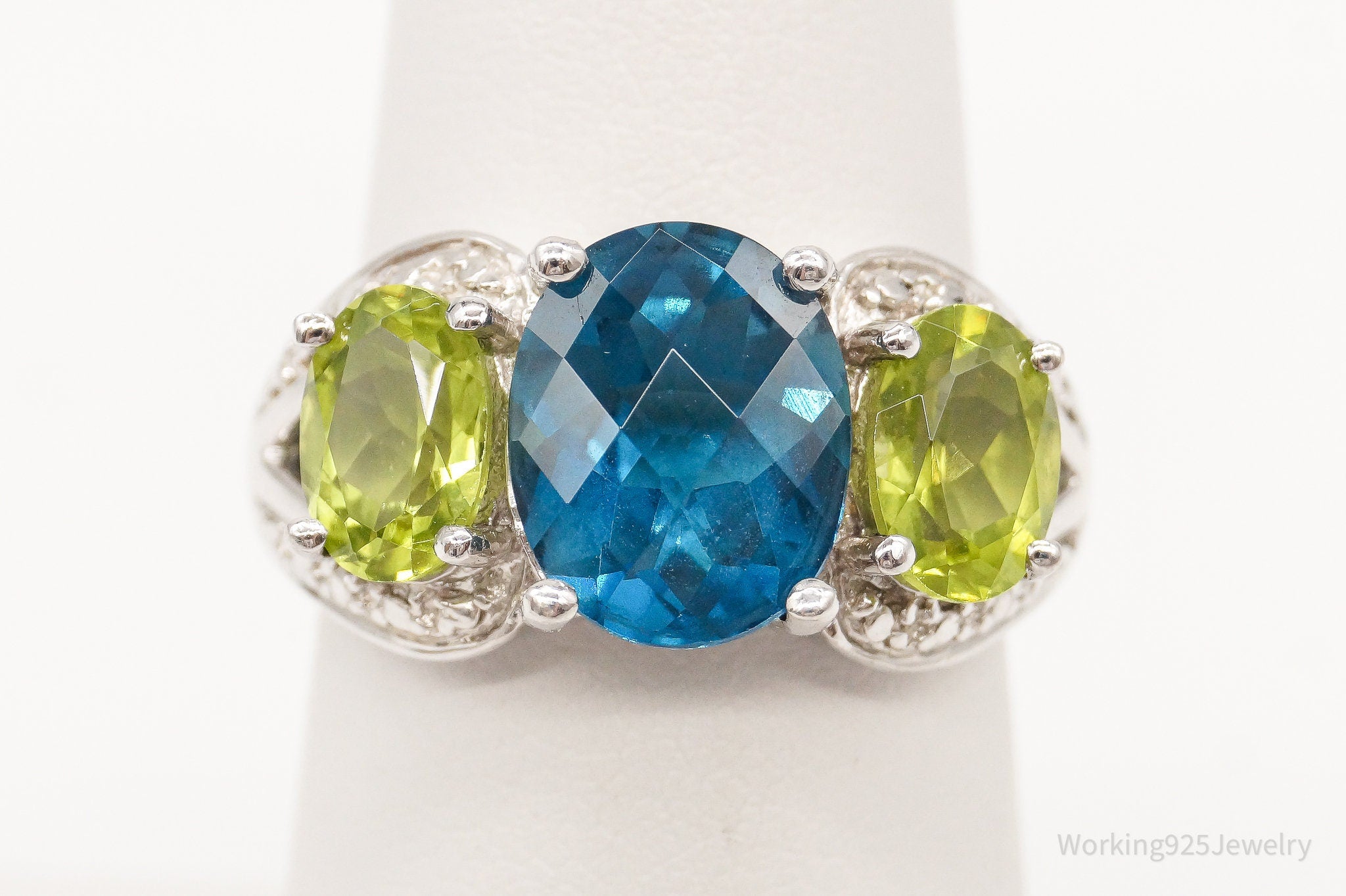 Designer CID Blue Topaz Peridot Cubic Zirconia Sterling Silver Ring - Size 6.25