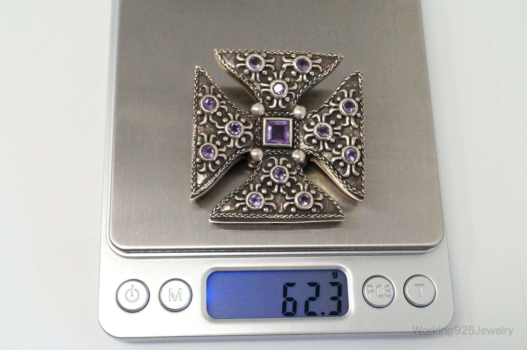 Large Vintage Designer Barse 2000 Amethyst Cross Sterling Silver Pendant