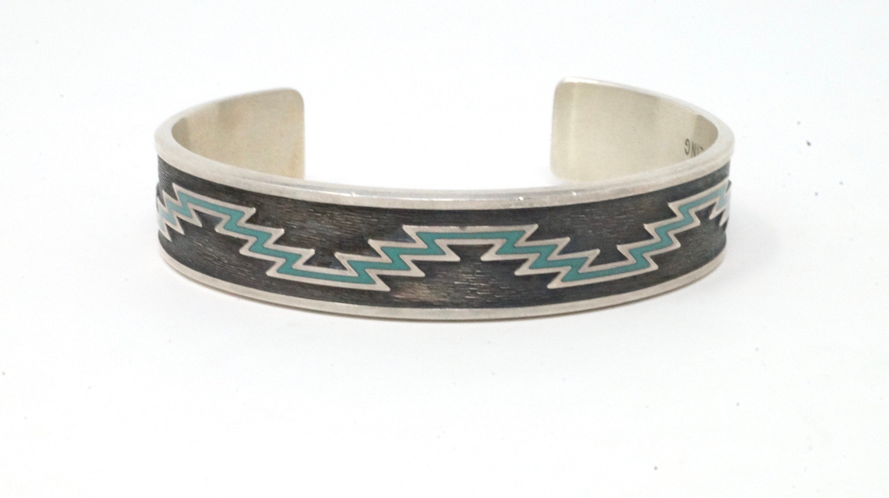 Vintage Designer KABANA Southwest Turquoise Inlay Sterling Silver Cuff Bracelet