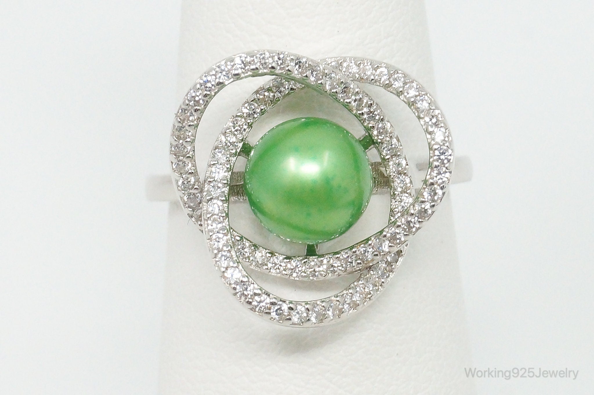 Lab Green Pearl Cubic Zirconia Sterling Silver Ring Size - 6.5 Adjustable