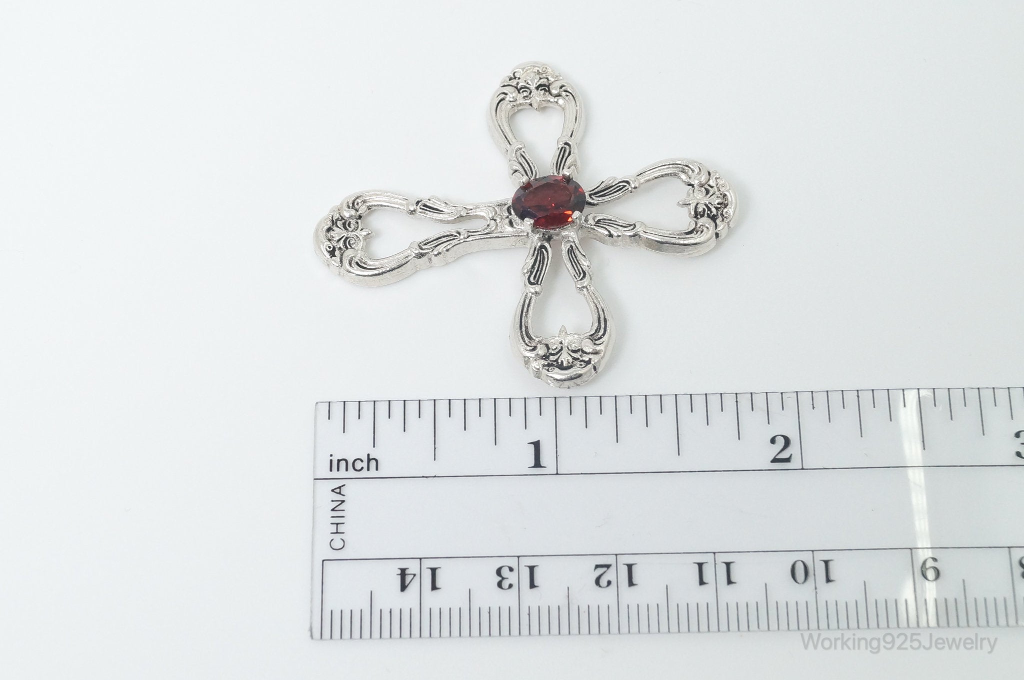 Vintage Designer Gorham Garnet Ornate Sterling Silver Cross Necklace Pendant