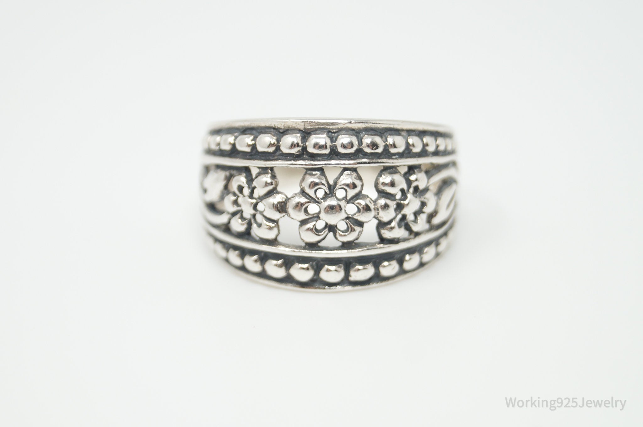 Vintage Flowers Floral Cut Out Beaded Style Sterling Silver Wide Band Ring Sz 8