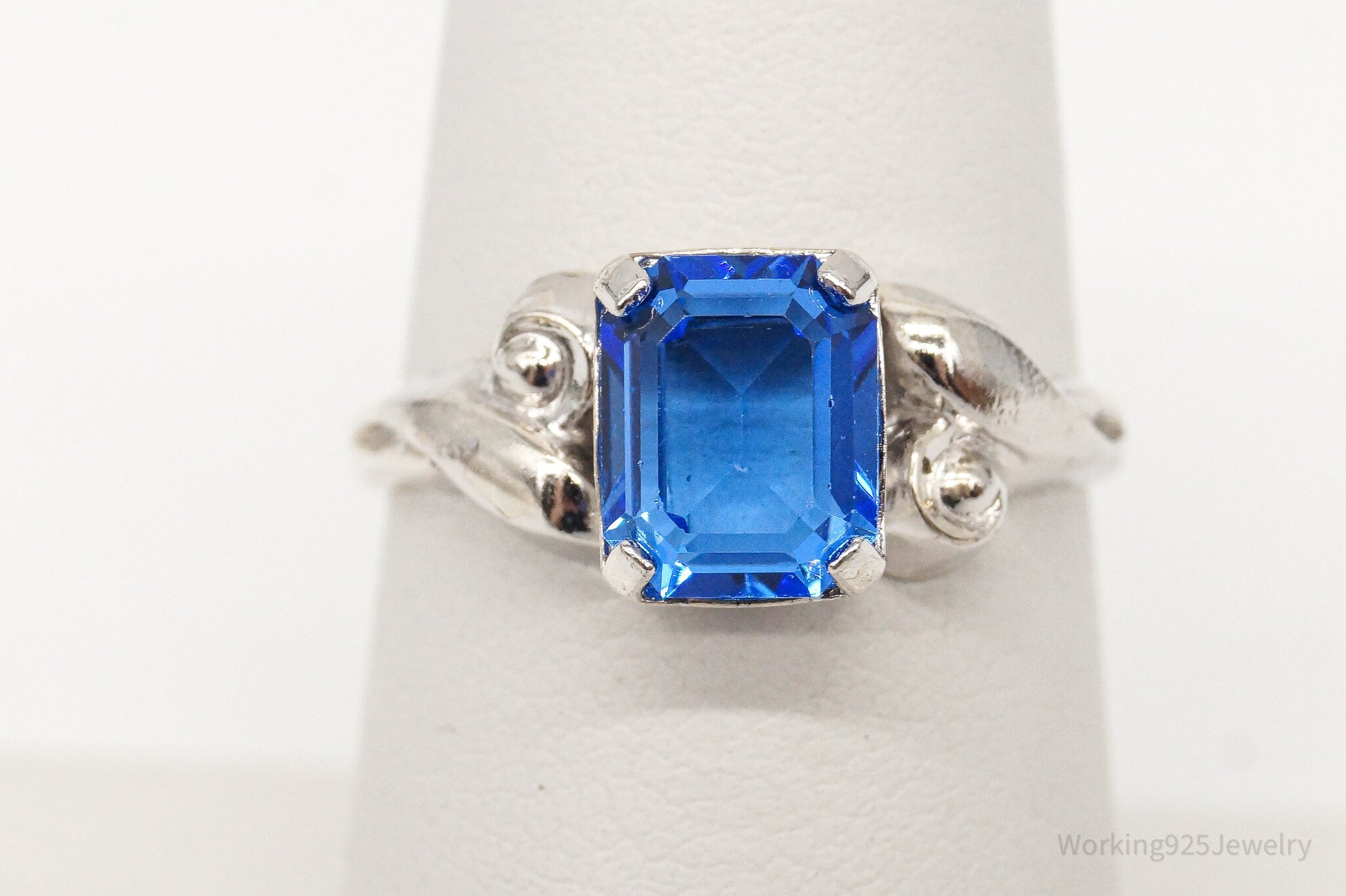 Antique Designer Blue Glass Sterling Silver Ring - Size 6.75