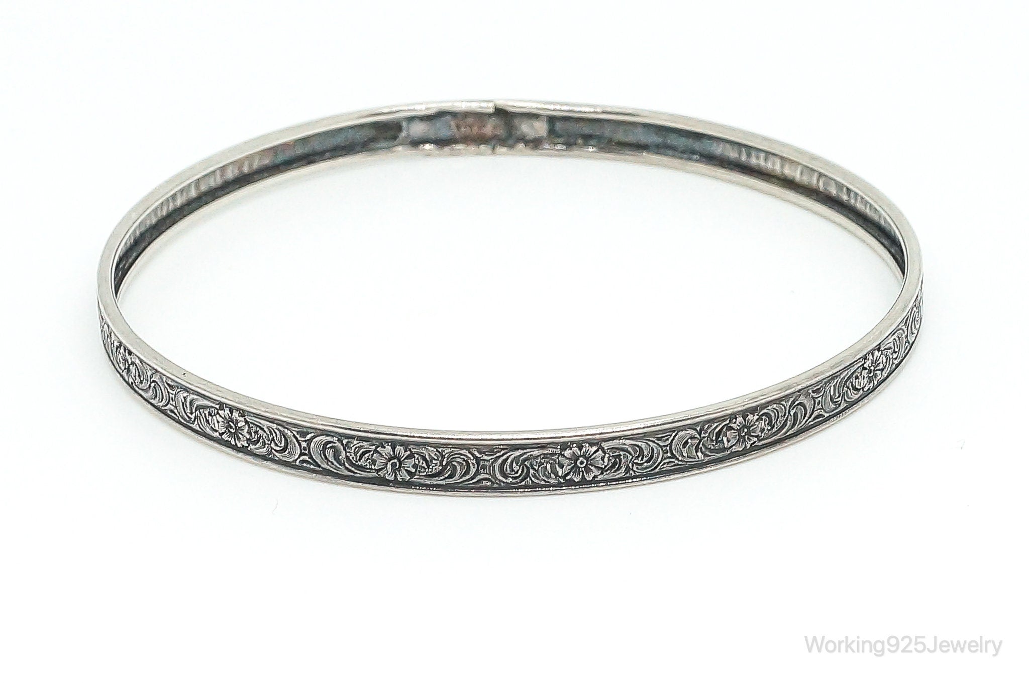 Antique Floral Pattern Sterling Silver Bangle Bracelet