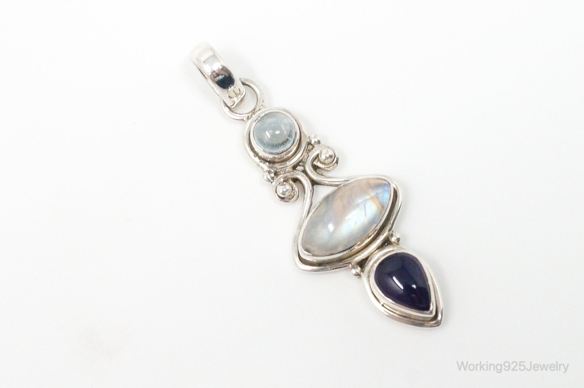 Vintage Blue Topaz Amethyst Moonstone Sterling Necklace Pendant