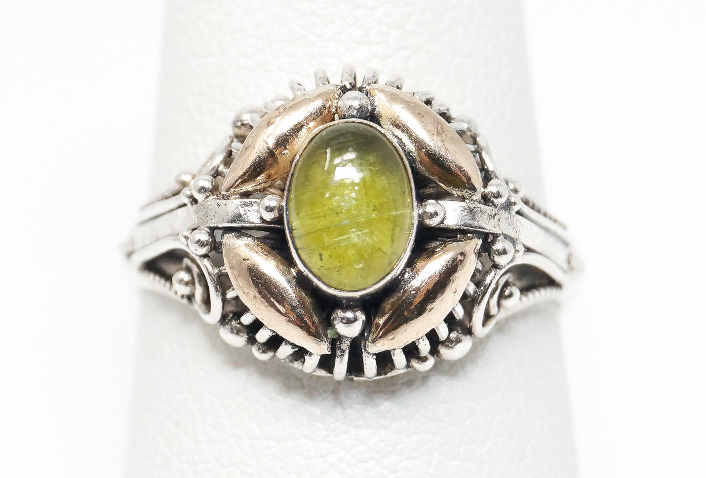 Vintage Bali Style Peridot Brass Sterling Silver Ring - Size 7.75