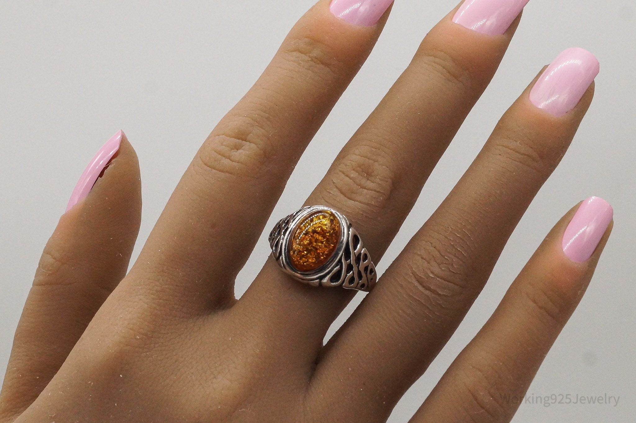 Vintage Amber Sterling Silver Ring - Size 9.5