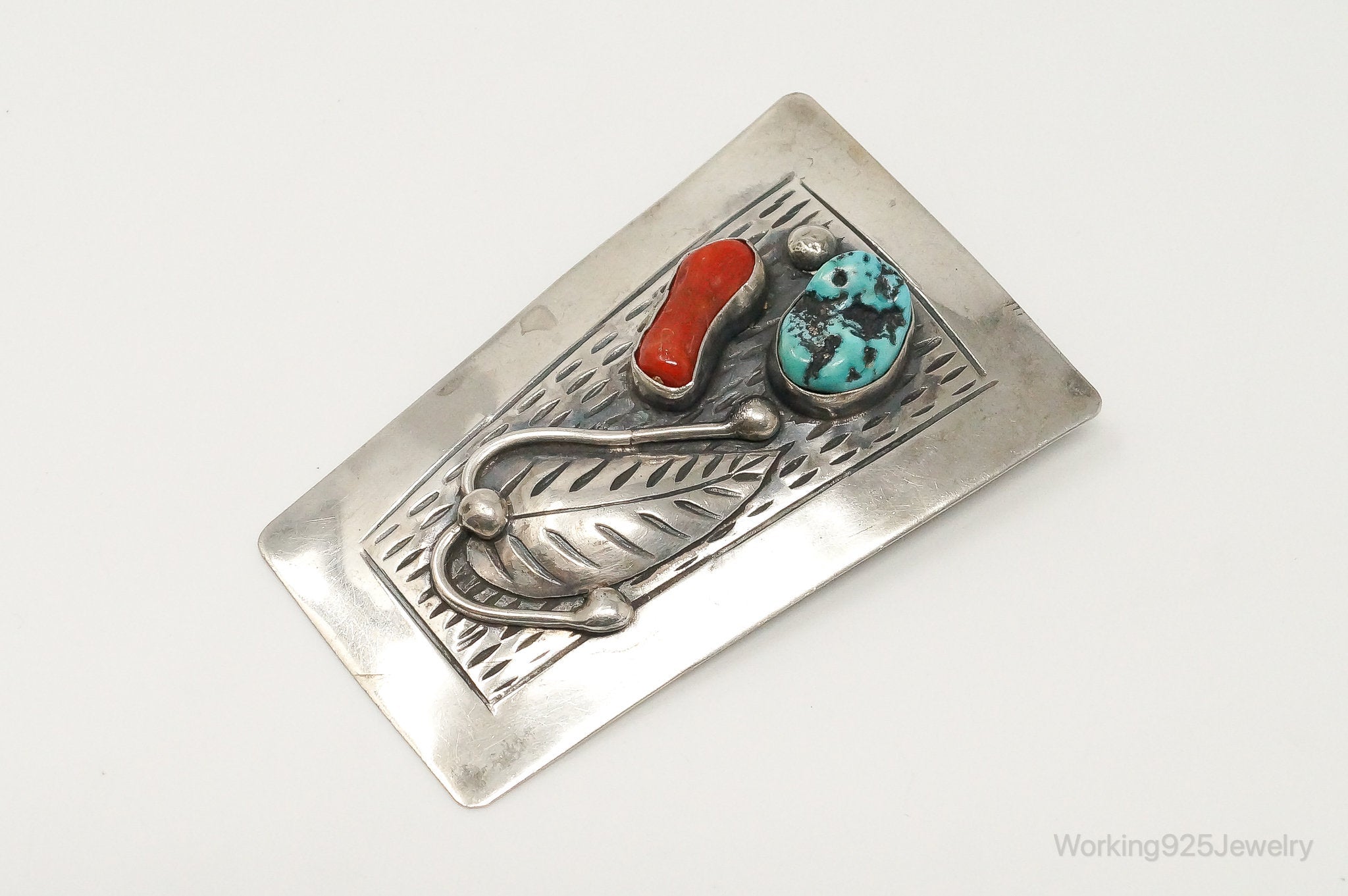 Native American David F Garcia Turquoise Coral Sterling Silver Bolo Tie Clip