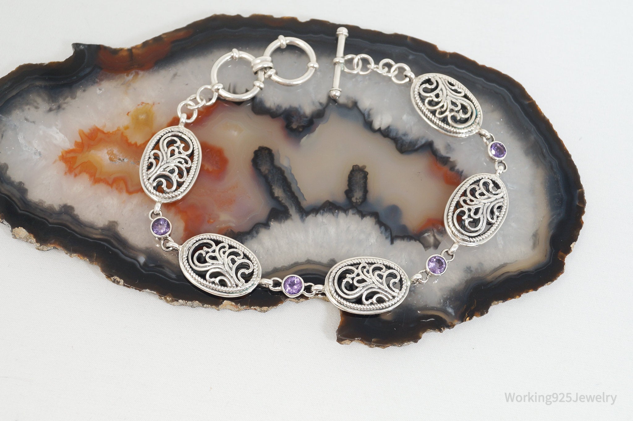 Vintage Amethyst Filigree Scroll Style Sterling Silver Bracelet