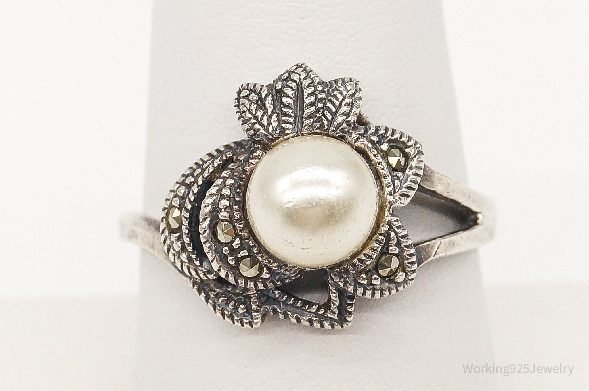 Vintage Faux Pearl Marcasite Sterling Silver Ring - Size 8