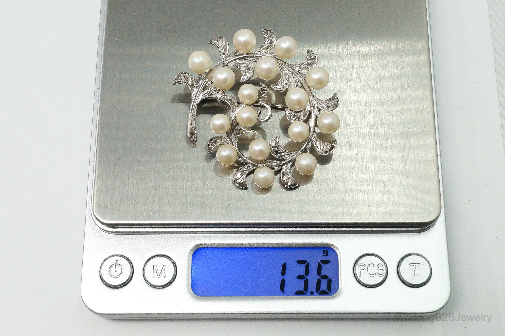 Large Antique Faux Pearl Sterling Silver Brooch Pin