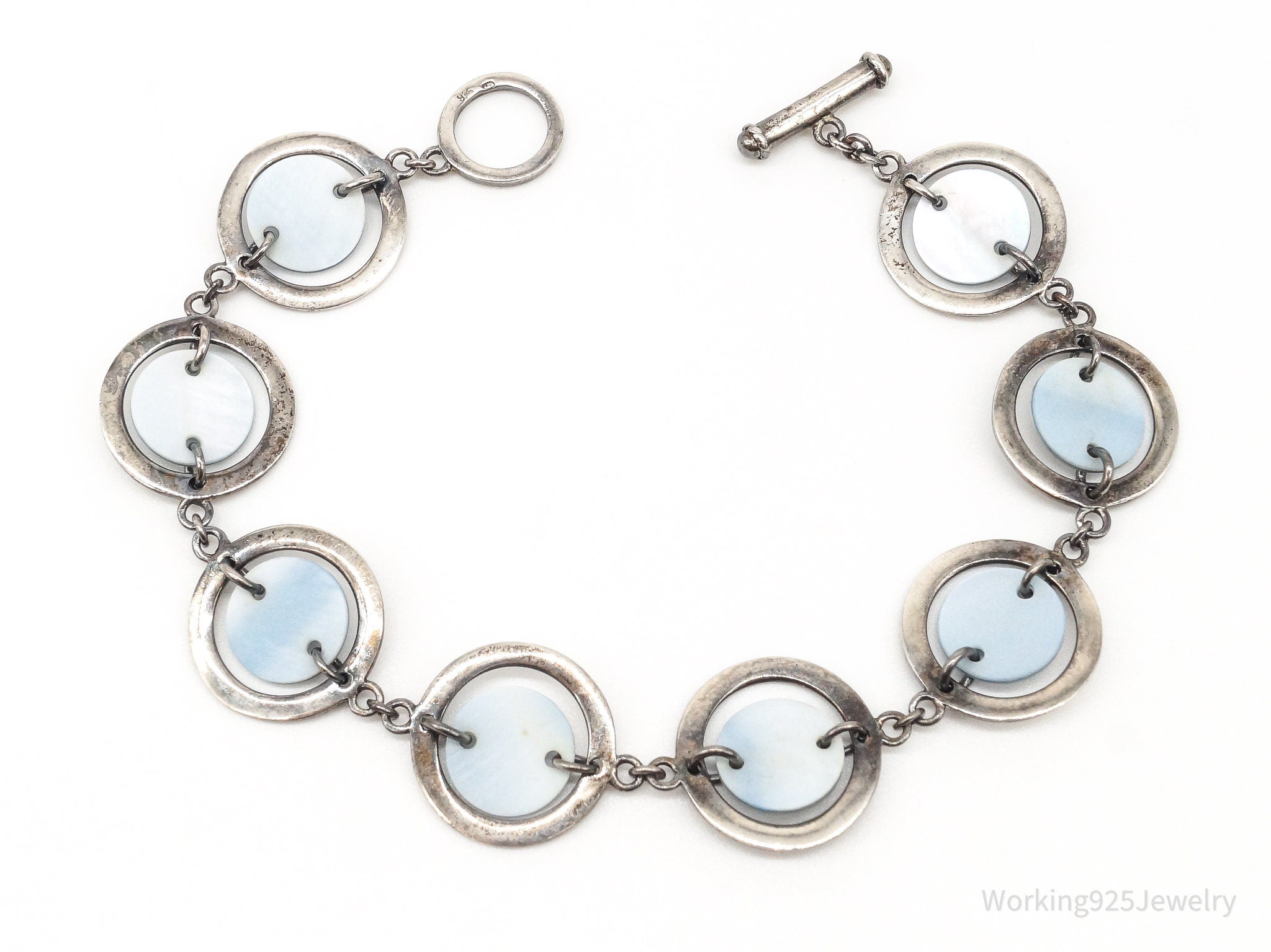 Vintage Blue Mother Of Pearl Sterling Silver Toggle Bracelet