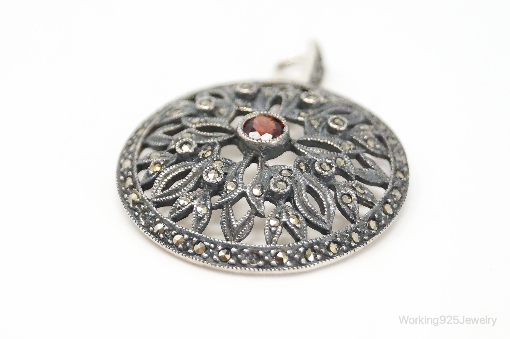 Large Judith Jack Garnet Marcasite Art Deco Sterling Silver Pendant