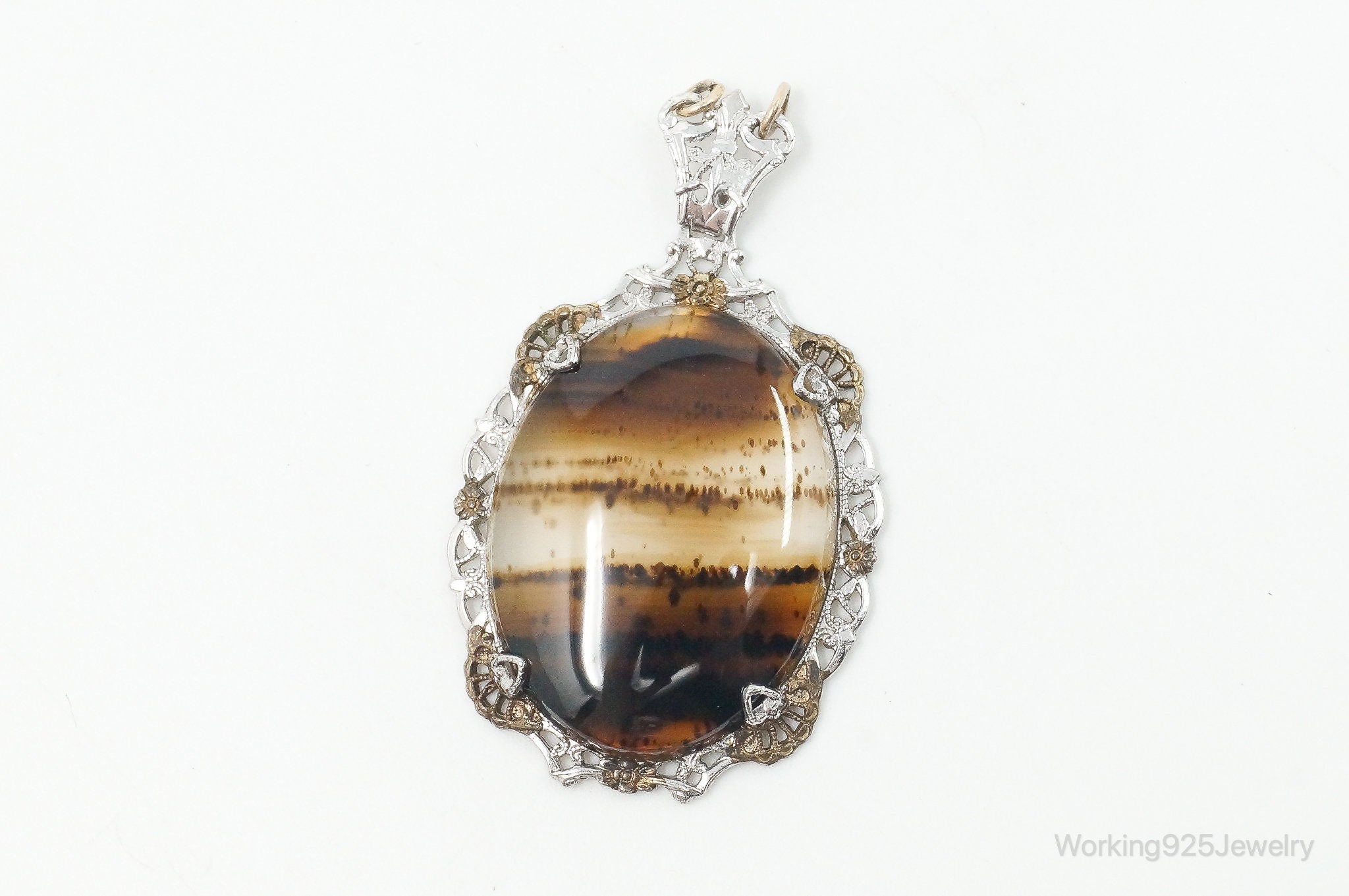 Antique Large Montana Agate Sterling Silver Necklace Pendant