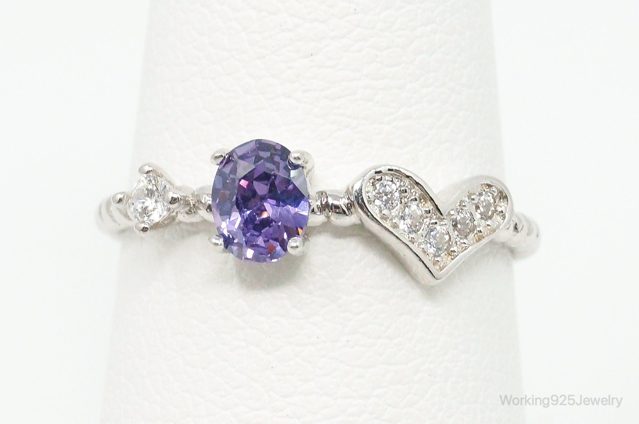 Vintage Amethyst Cubic Zirconia Heart Sterling Silver Ring - Size 6.5 Adjustable