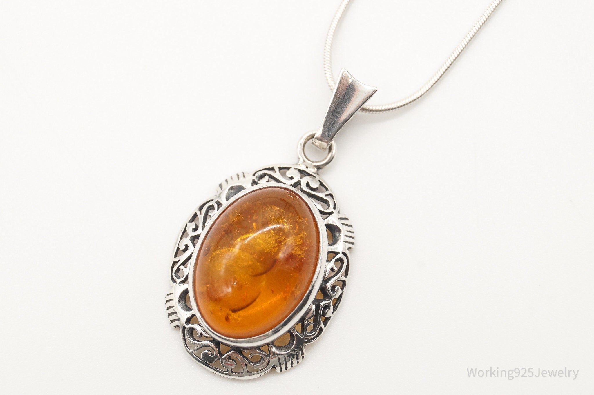 Vintage Large Amber Sterling Silver Adjustable Chain Necklace