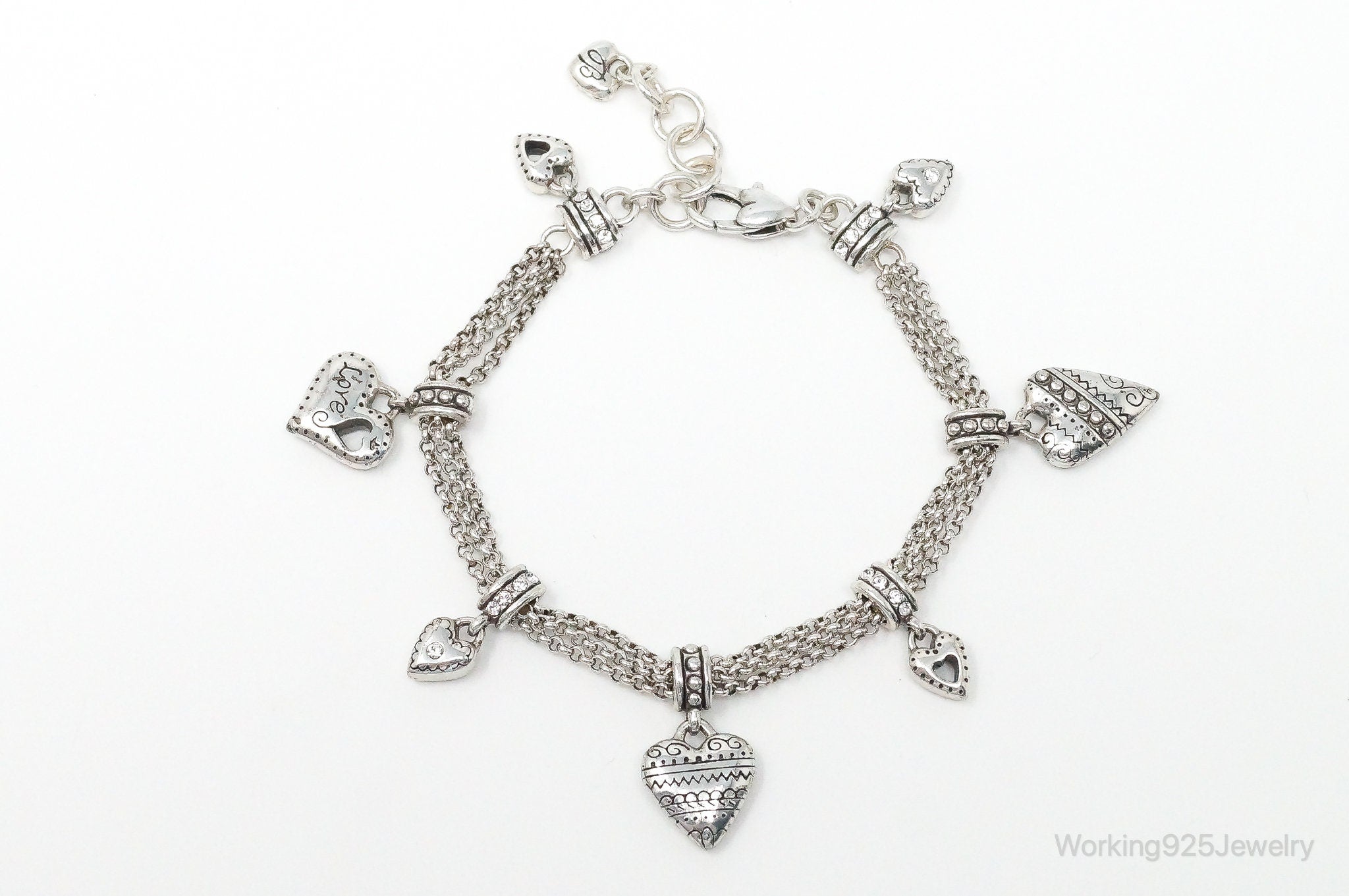 Designer Brighton Cubic Zirconia Heart Charms Sterling Silver Bracelet