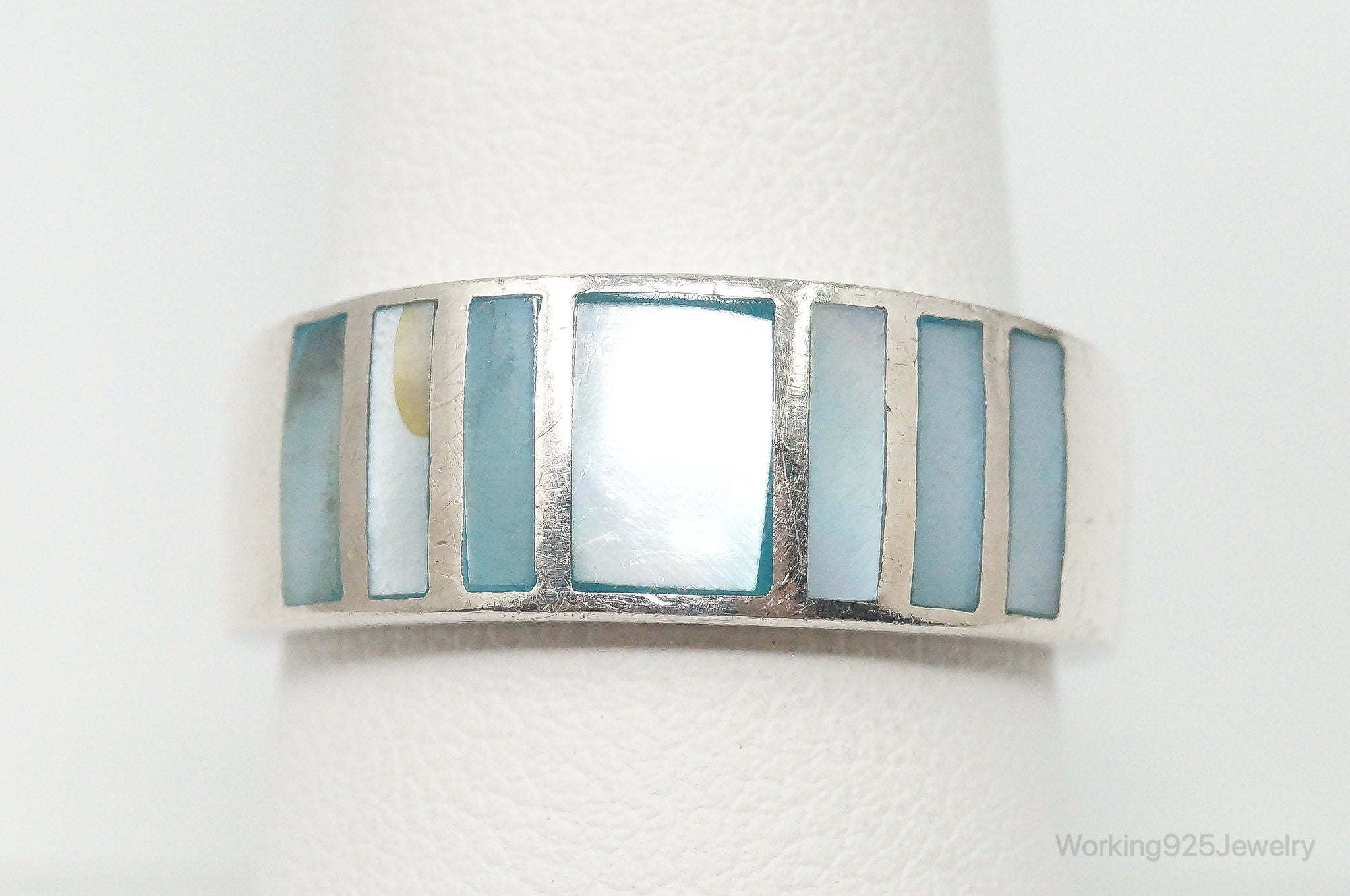 Vintage Blue Mother Of Pearl Sterling Silver Ring - Size 8.75