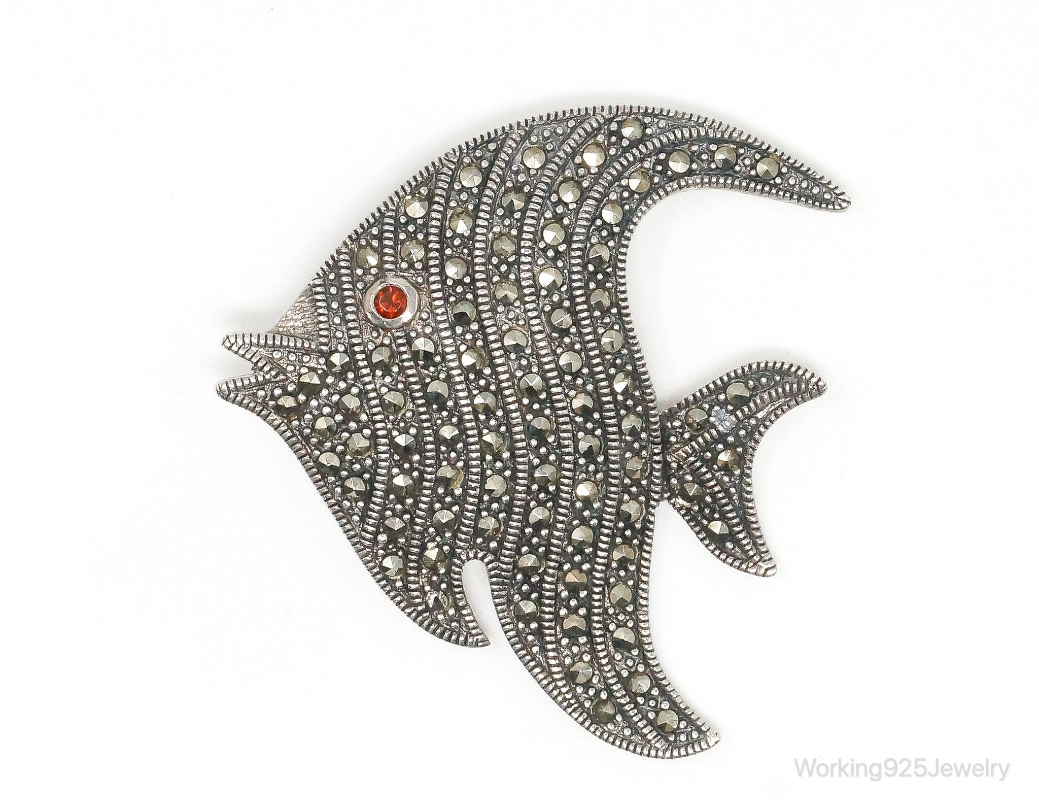 Large Vintage Marcasite Garnet Fish Sterling Brooch Pin