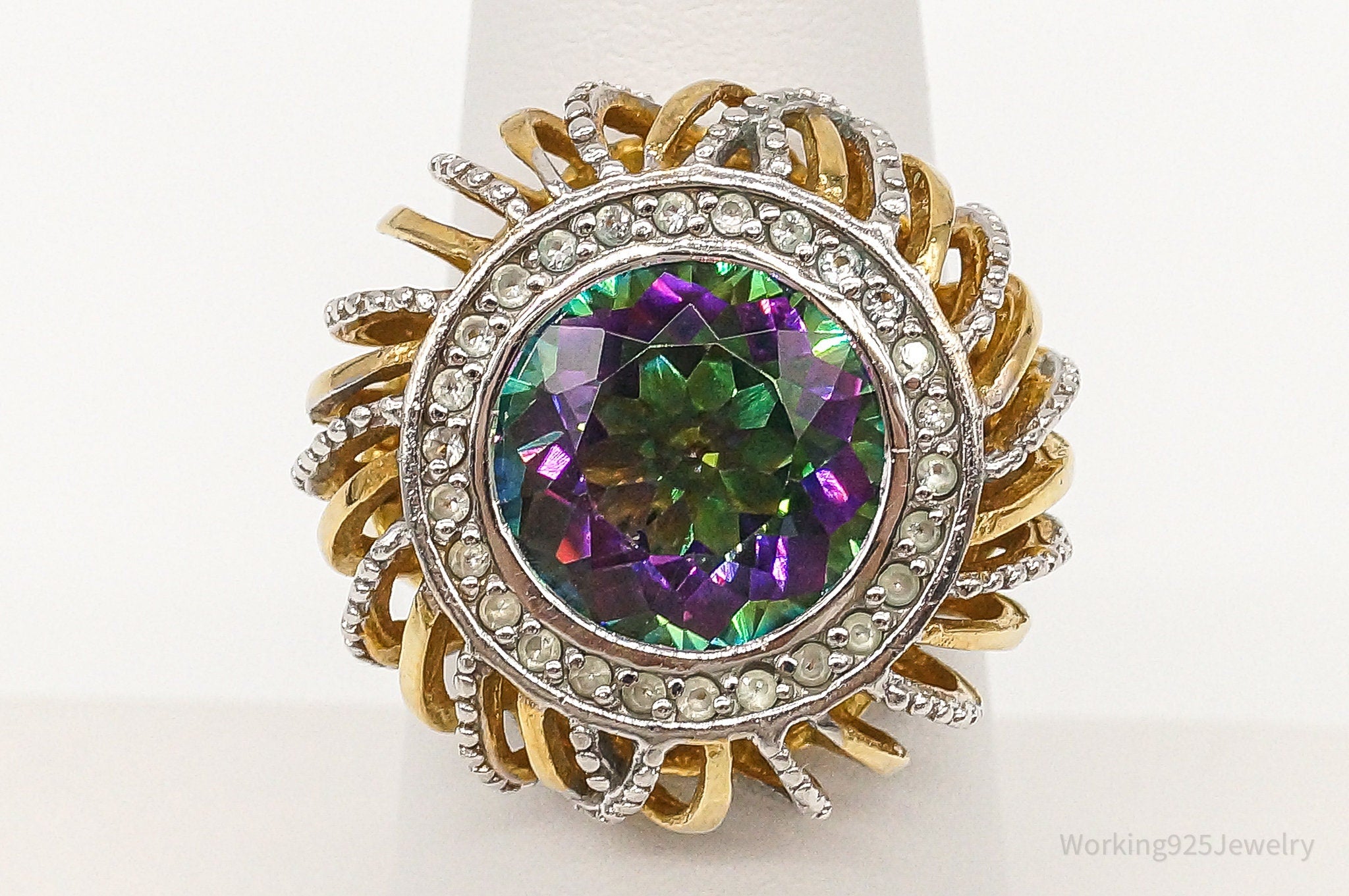 Designer RKS Large Mystic Topaz CZ Gold Vermeil Sterling Silver Ring Size 7