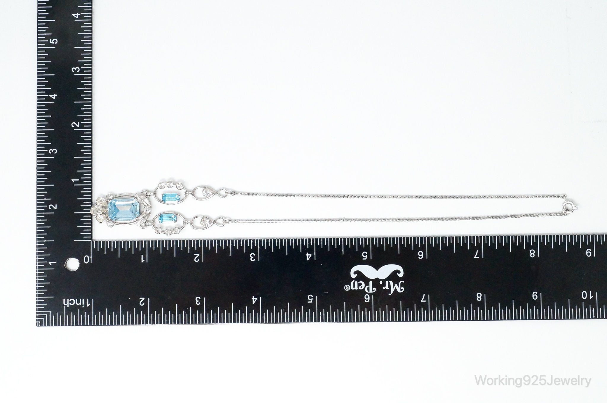 Vintage Designer Van Dell Blue Topaz Cubic Zirconia Sterling Silver Necklace