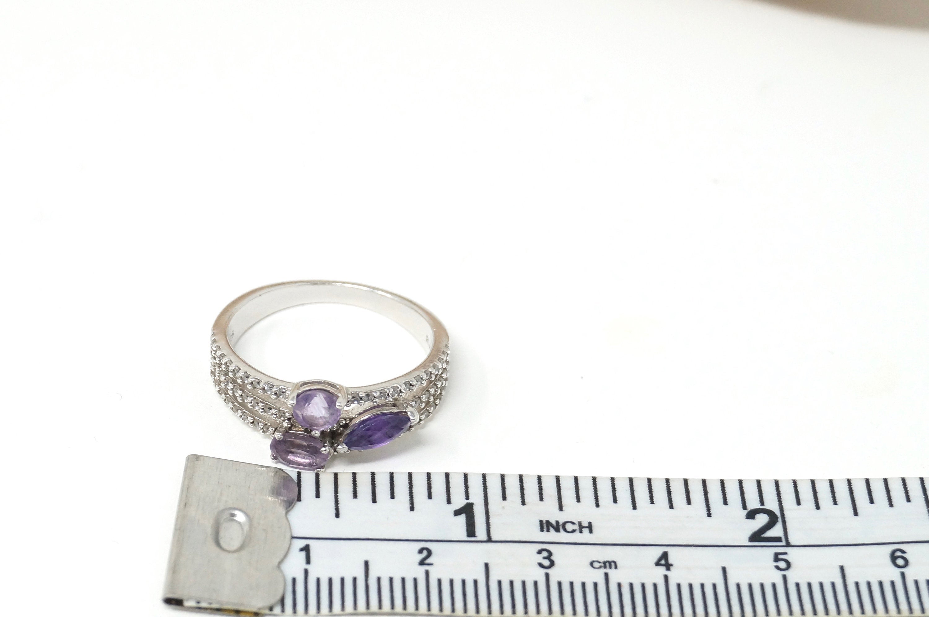 Lovely Vintage Designer RJ Amethyst Beaded Sterling Silver Ring - Size 7