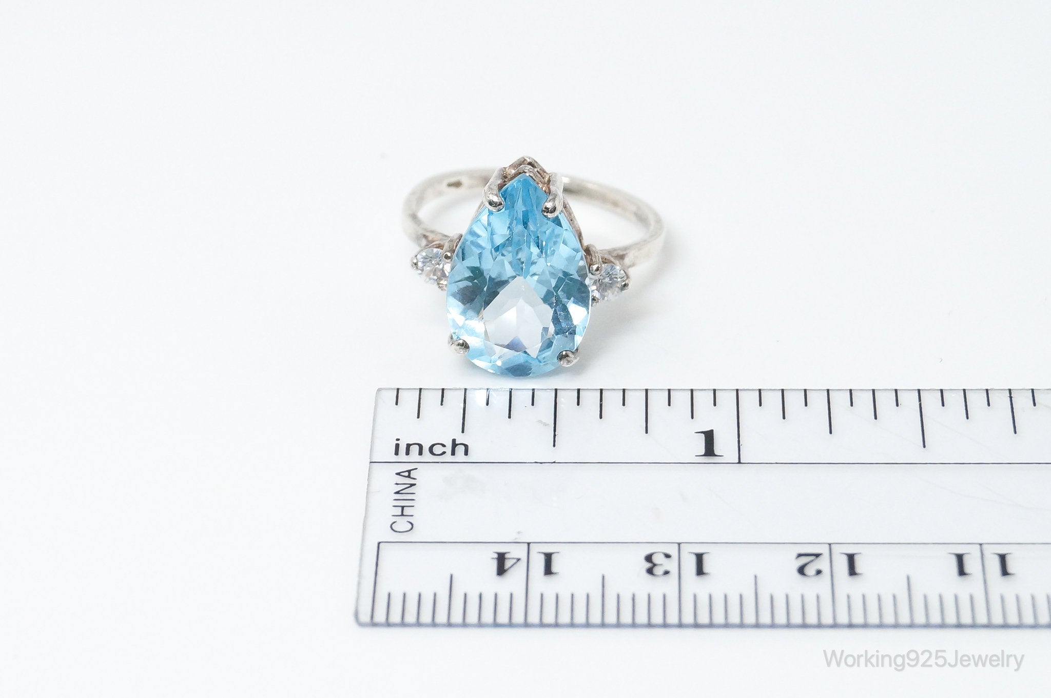 Vintage Large Blue Topaz Cubic Zirconia Sterling Silver Statement Ring Size 6.75