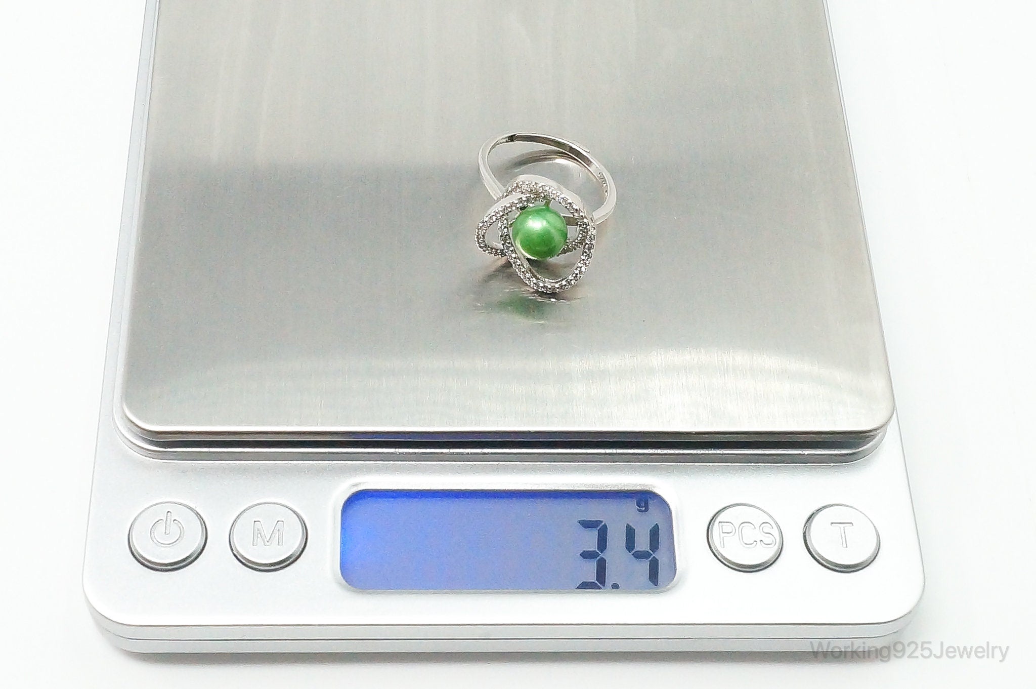 Lab Green Pearl Cubic Zirconia Sterling Silver Ring Size - 6.5 Adjustable